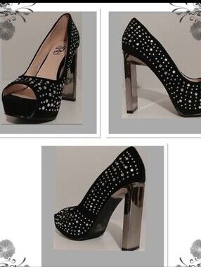 Black Crystal Peep-Toe Platform Heels